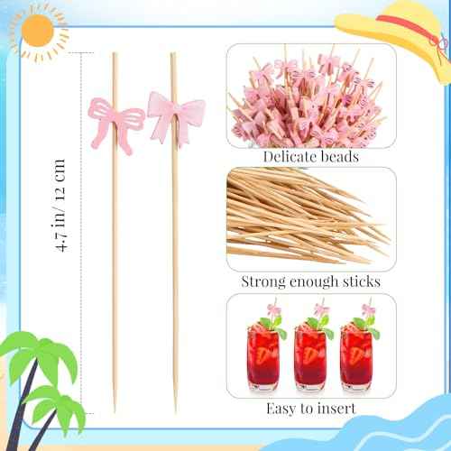 Queekay 100 Pcs Pink Bow Cocktail Christmas Picks Bow Cupcake Toppers Baby Shower Decorations for Wedding Bridal Birthday Pinks Theme Party Decorations Fruit Drink Dessert Bachelorette