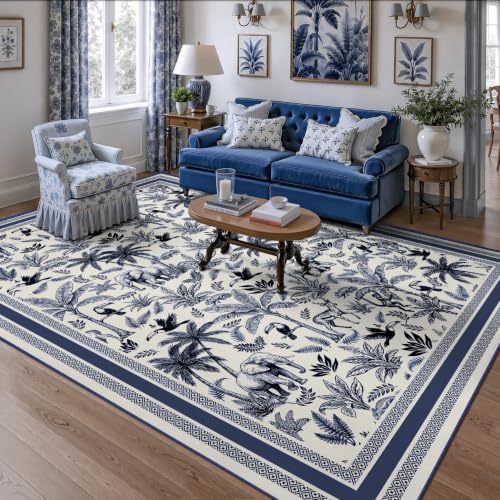 Arenarug 5' x 7' Blue French Country Toile Area Rug, Washable & Non-Slip Backing