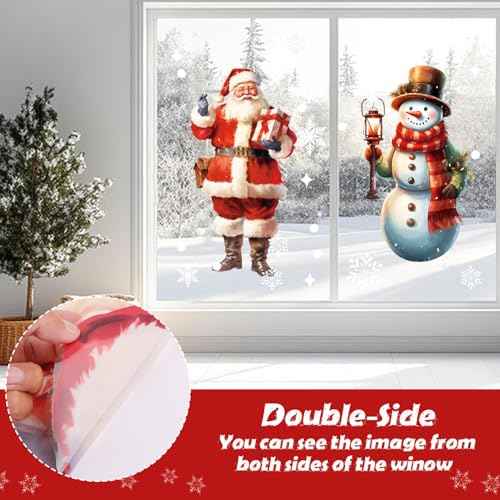 LOKIPA Large Christmas Window Clings, 2 Sheets Extra Large Santa Claus Snowman Window Clings Stickers with Snowflakes for Christmas Decorations