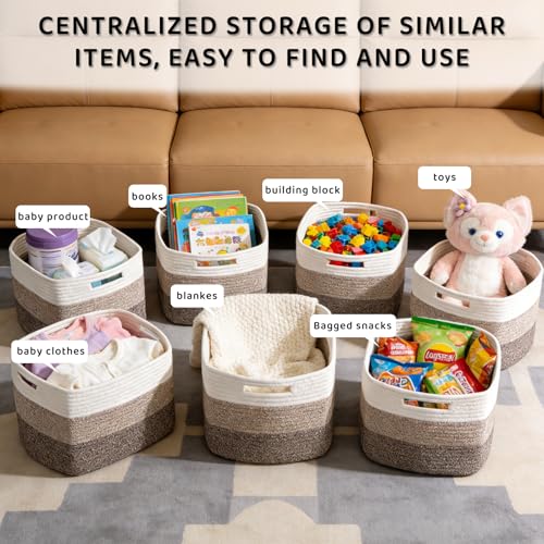KIUGCO White & Khaki 4 Pack Cotton Rope Storage Baskets, 13x11x8 Inches