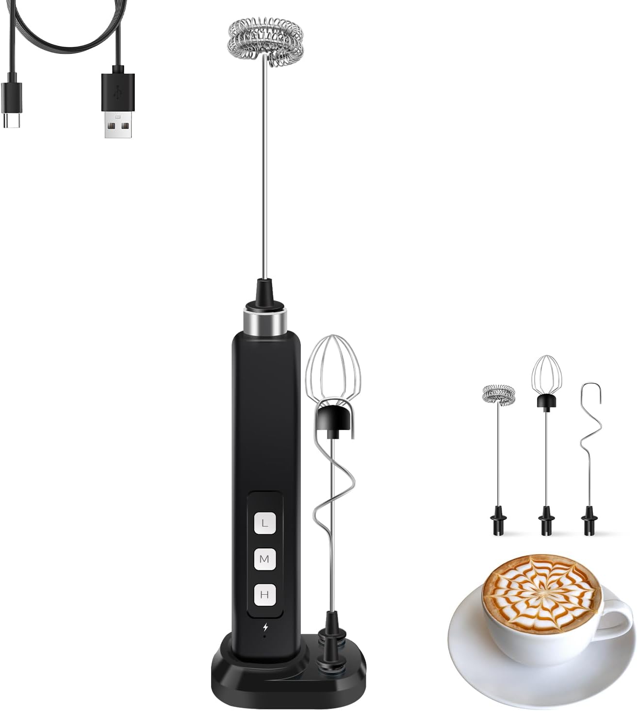 Skiennix Rechargeable Milk Frother - Handheld Mini Mixer with 3 Detachable Whisks & Charging Base