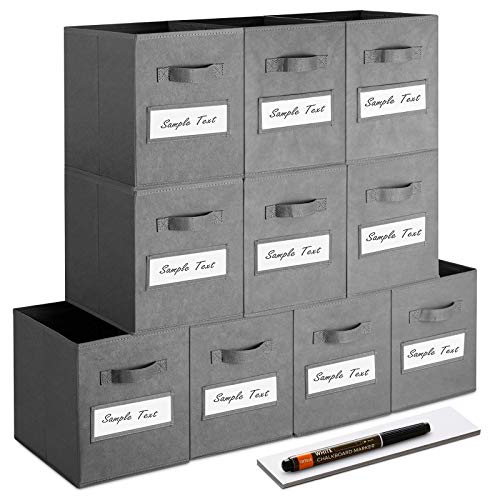 Gray 11-Inch Foldable Fabric Cube Storage Bins with Labels - Set of 10