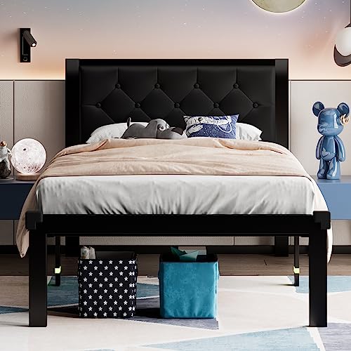Twin Size Metal Bed Frame with Faux Leather Headboard - Black