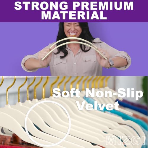 Ivory & Gold Velvet Hangers Pack of 60 - Heavy Duty Slimline Non-Slip Closet Organizers