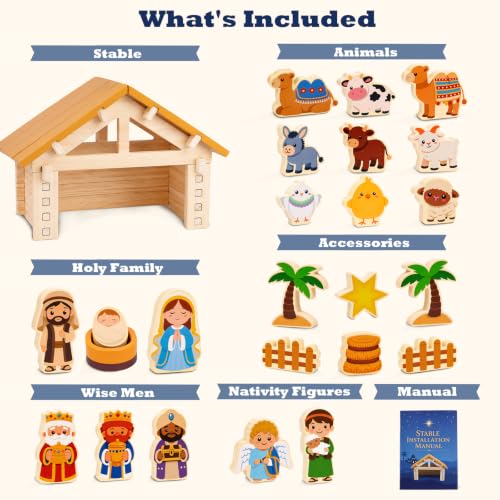 Wooden Nativity Advent Calendar 2026 for Kids Blue & Yellow Scene Set Gift
