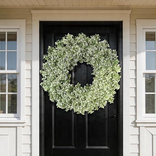 Large Artificial Boxwood Wreath for Front Door Decoration 32-Inch White-Green - All Year Round