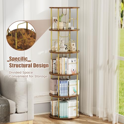 Round 5-Tier Rotating Bookshelf - Gold, Narrow Space-Saving Spinning Bookcase