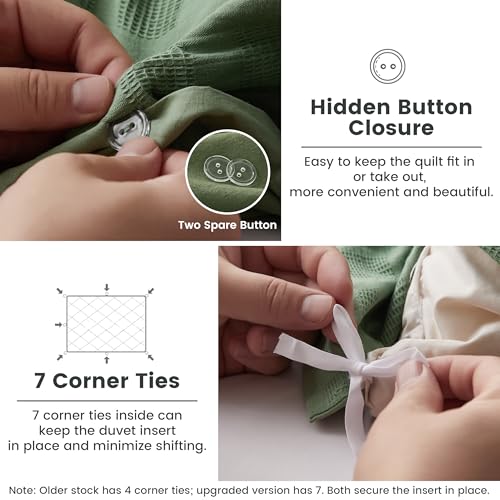 BISELINA Oversized King Cotton Duvet Cover Set Forest Green Waffle Weave Reversible Bedding
