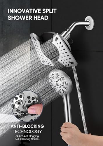 Brushed Chrome Dual Shower Head Set with Handheld & Fixed Rain Shower, 9 Spray Modes, 59" Hose