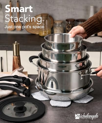 Tri-Ply Stainless Steel Cookware Set with Detachable Handles - Oven Safe, Induction Compatible, Space-Saving Design