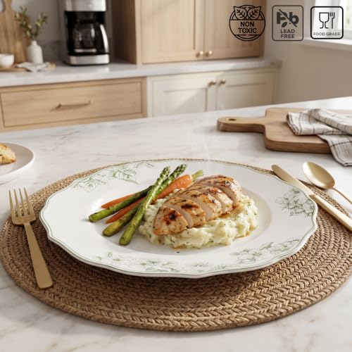 12-Piece Porcelain Dinnerware Set for 4 with Floral Design - White & Green, Chip-Resistant, Microwave & Dishwasher Safe