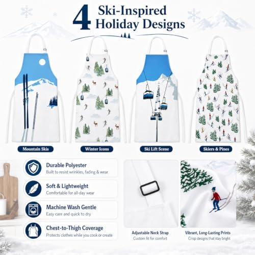 Velmitten 4 Pack Christmas Ski-Themed Kitchen Aprons for Adults