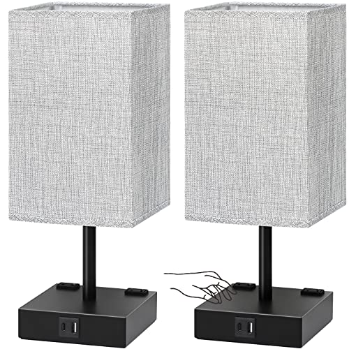 Gray Bedside Table Lamps Set of 2 with USB C+A Charging Ports & Dimmable Touch Control