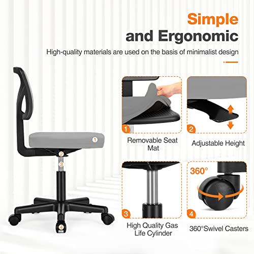 Small Armless Mesh Office Chair with Wheels, Adjustable Support
