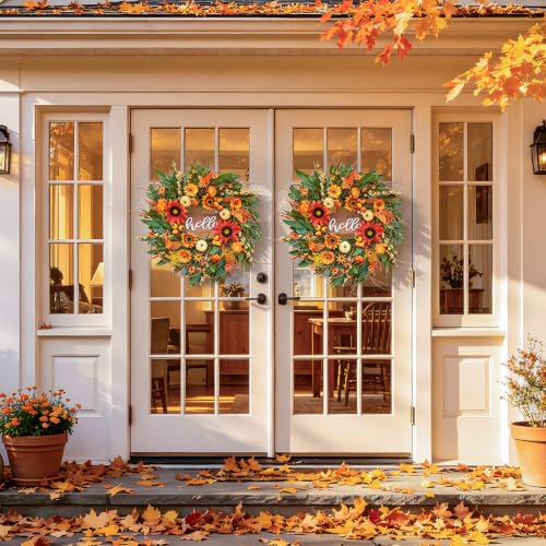 Fall Sunflowers Wreath - 24 Inch Artificial Fall Front Door Decor with Hello Sign
