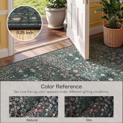 8x10 Dark Green Floral Area Rug - Washable Living Room Carpet