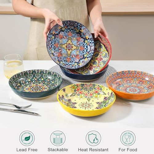 Large 30oz Colorful Ceramic Pasta Bowls Set of 6 - Bohemian Style Serving Dishes