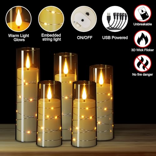 5 Pack Rechargeable Flameless Glass Candles with Remote, Timer & USB charging