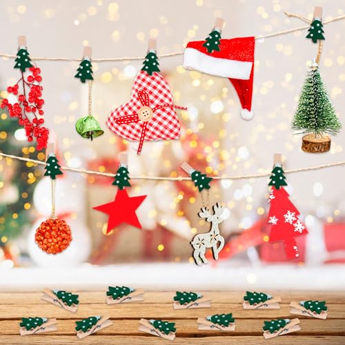 Christmas Tree Mini Wood Clips with Christmas Tree Pattern - 50 Pack for Decorations