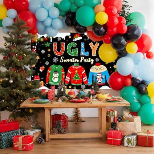 Avezano Ugly Sweater Party Banner Ugly Christmas Sweater Party Decorations Backdrop Xmas Elfed Up Photo Booth Background Banner (6x3.6ft)