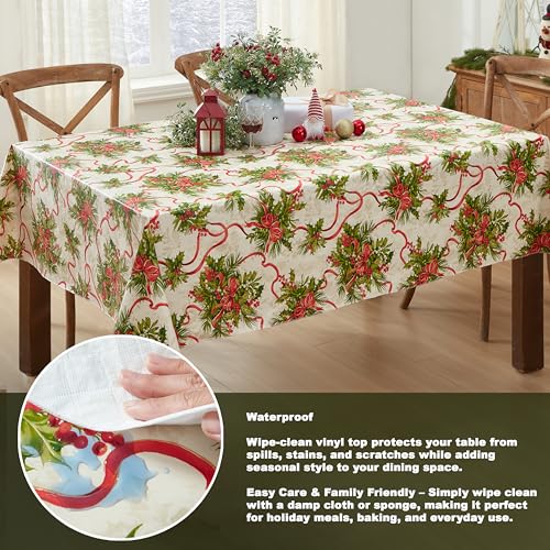 Newbridge Holly Traditions 52x52 Inch Square Vinyl Tablecloth with Flannel Backing - Christmas Decor