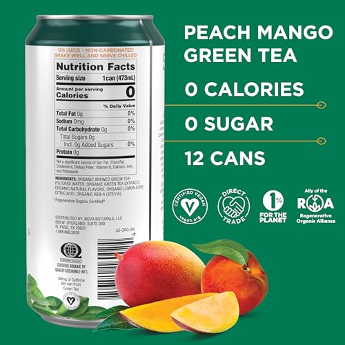 Green Tea Zero Sugar Peach Mango - Organic & Caffeinated, 16 Fl Oz, Pack of 12