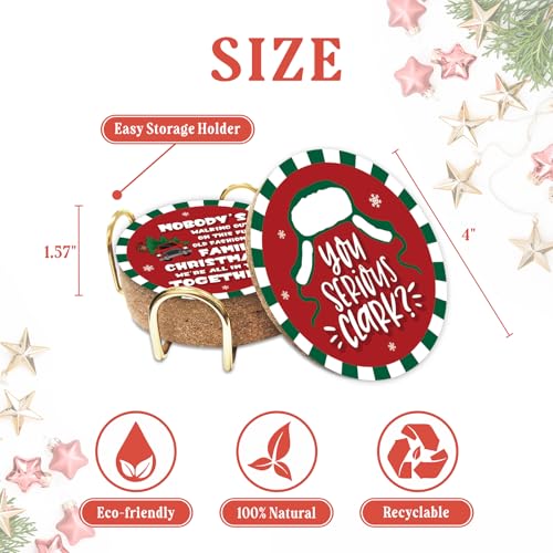 Cheroloven Red Christmas Vacation Coasters 6Pcs Gift Set with Metal Holder - Griswold Family Holiday Decor