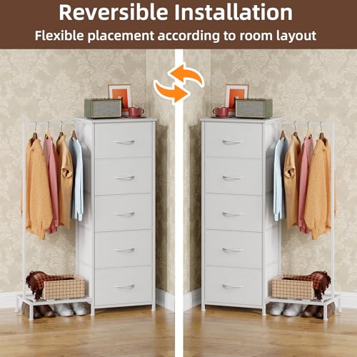 White Somdot 2-in-1 Dresser with Hanging Rack and 5 Drawers - Small Closet Organizer