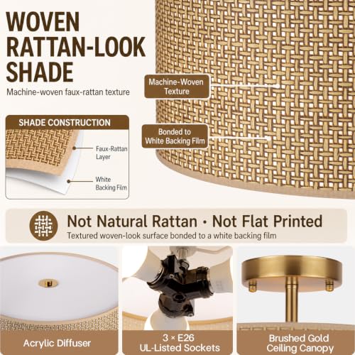 Deep Brown 13-Inch Woven Rattan Boho Ceiling Light Fixture with 3 Lights