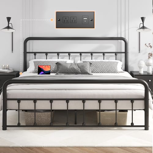Queen Size Fluest 14-Inch Metal Bed Frame with Charging Station & LED Lights