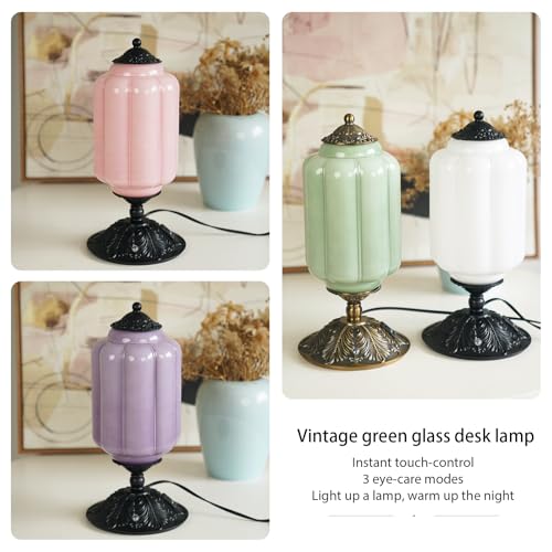 YESIDS Green Vintage Milk Glass 3-Way Dimmable USB-C Bedside Table Lamp