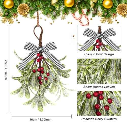 Mistletoe Christmas Decor, Artificial Hanging Mistletoe Picks with Plaid Bow Red Berries,Like Real Christmas Kissing Ball Ornaments for Kitchen Doorway Tree Decorations