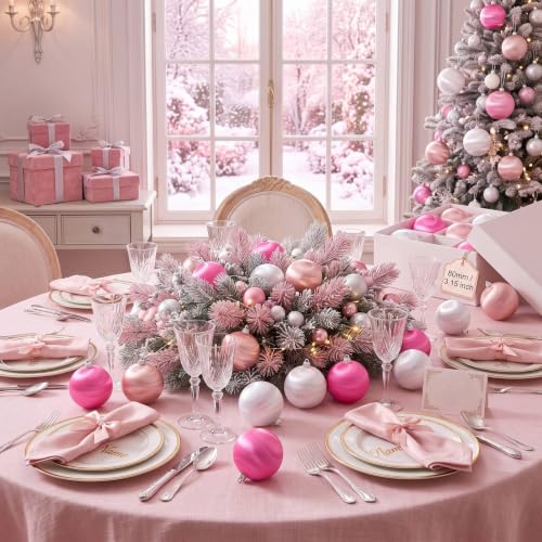 Hungdao 18 Pcs Pink Satin Christmas Ornaments 3.15" Holiday Decor Set