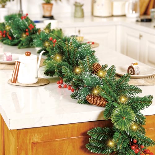 Dark Green 9FT Christmas Garland with Lights, Artificial Seasonal Decor with Cones & Berries