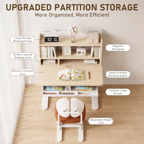 Kids Adjustable Wooden Desk and Chair Set - Ergonomic Study Furniture for Ages 5-14
