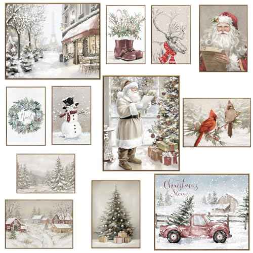 JJY Vintage Christmas Wall Art Prints Set of 12 -Winter Christmas Wall Art Posters Decor -Santa Xmas Tree Forest Snow Scene Street Christmas Aesthetic for Home Living Room Bedroom Decoration (Unframed)