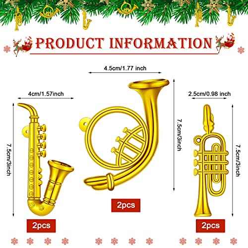 6 Pieces Musical Instruments Ornaments Christmas Decoration Gold Saxophone Horn Trumpet with Gold Ropes Brass for Christmas Tree Decor
