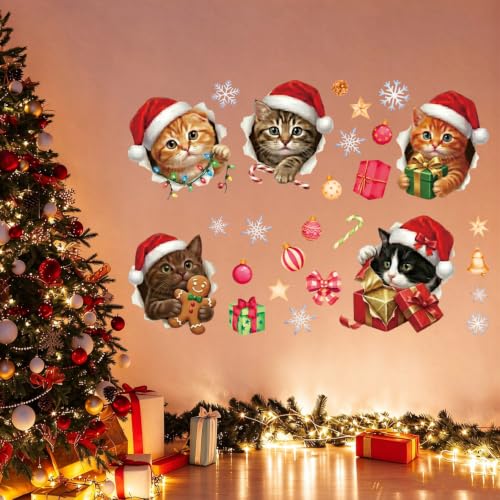 Meowy Christmas Cat Xmas Hat Kitten Wall Decal - 3D Holiday Decor for Kids & Pet Lovers