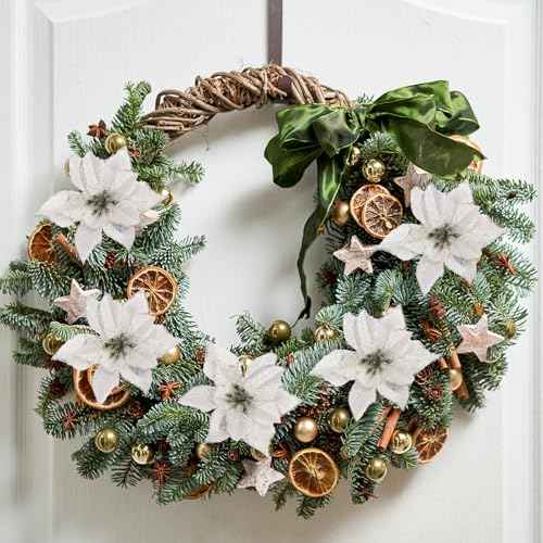 12Pcs Poinsettia Flower Artificial Poinsettia with Stem Christmas Decor Glitter Poinsettia Christmas Ornaments Christmas Tree Flower Decoration DIY Xmas Wreath Mantle Party Decor (Silver)