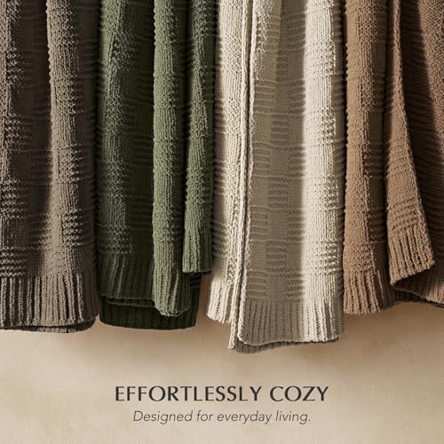 EverGrace Modern Checkered Chenille Throw Blanket - Olive Green 60x80