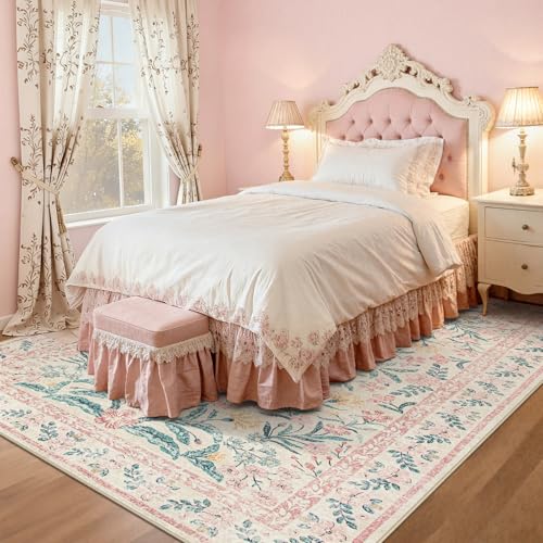 Wonnitar 6x9 Pink Floral Washable Area Rug for Bedroom & Nursery, Non-Slip Boho Carpet