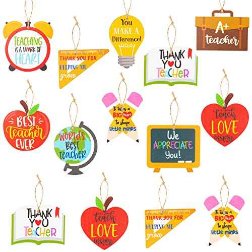 WATINC 31PCS Teacher Appreciation Wooden Ornaments, Graduation Hanging Pendants Decoration Thanksgiving Party Favor, Thank You Teachers First and Last Day of School Back to School for Classroom Decor