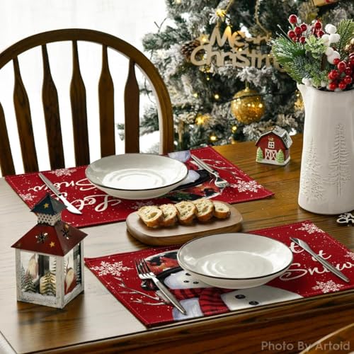 Artoid Mode 12x18 Red Snowman Placemats (Set of 6) Christmas Holiday Table Mats 12" x 18"