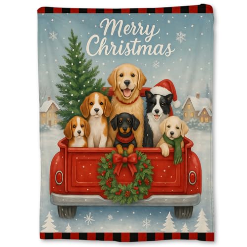 Ti Caldi Christmas Dogs Blanket 60x50 in Red Truck Flannel Cozy Throw for Couch Bed