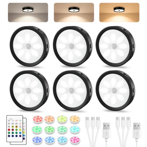 Besttour 6-Pack Rechargeable Under Cabinet Puck Lights with Remote, Motion Sensor, Black