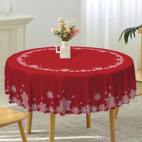 TTQYFNM 42 Inch Red and White Snowflake Christmas Round Tablecloth - Holiday Decor, Washable & Wrinkle-Resistant