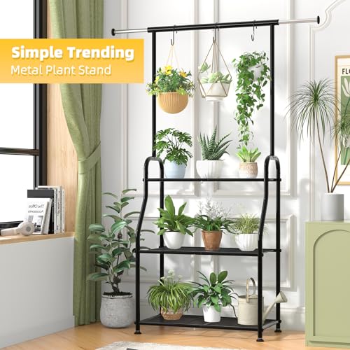 3-Tier Rectangular Heavy Duty Metal Plant Stand with Extendable Hanging Rod - Indoor Outdoor Garden Shelf