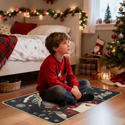 MEHOFOND Christmas Kitchen Rugs Set of 2 Black Snowflake Snowman Deer Winter Holiday Floor Mats, 17x29 & 17x47 Inches