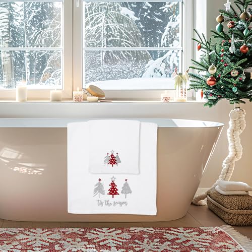 Red Christmas Bathroom Towels Set of 3 - Embroidered Cotton Holiday Hand & Face Towels