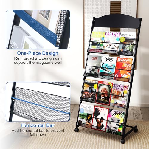 4-Layer Floor Standing Magazine Rack with Wheels & Top Billboard for Exhibitions & Offices